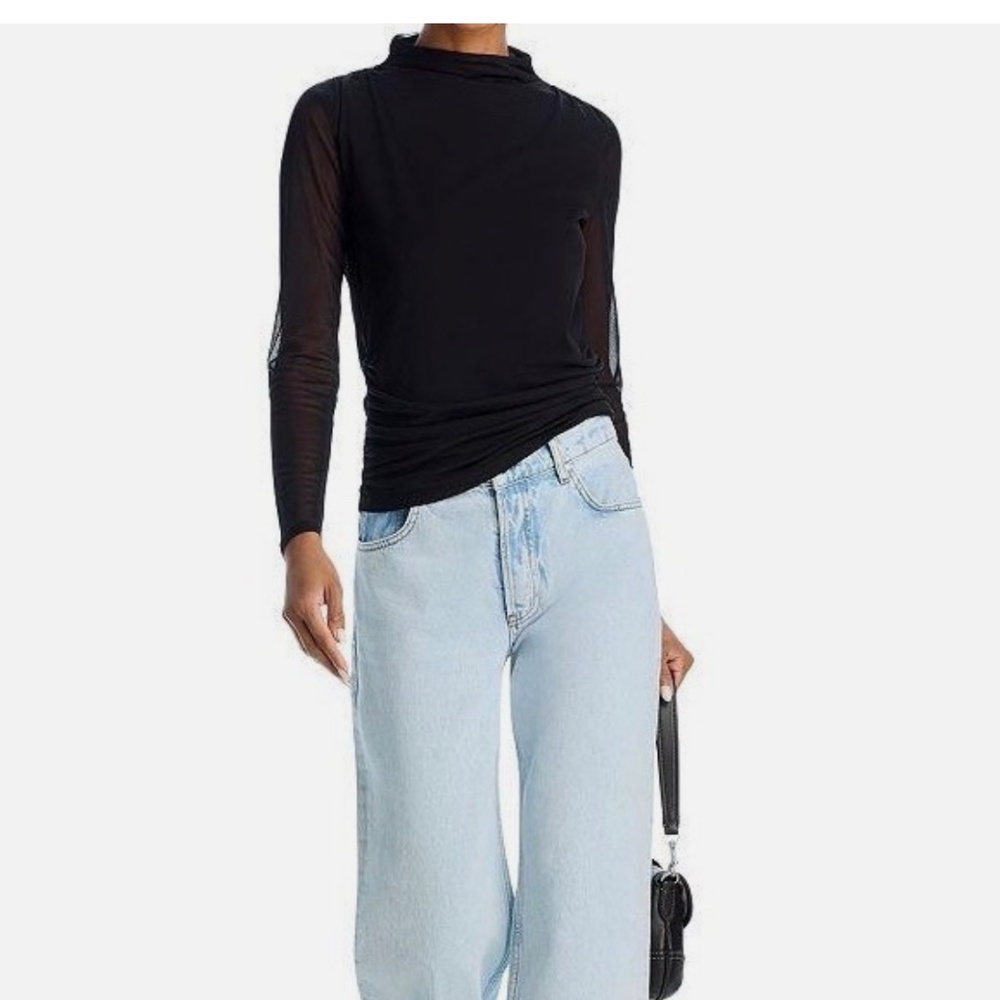 AQUA Mesh Mock Neck Ruched Top – NWT – Black XS